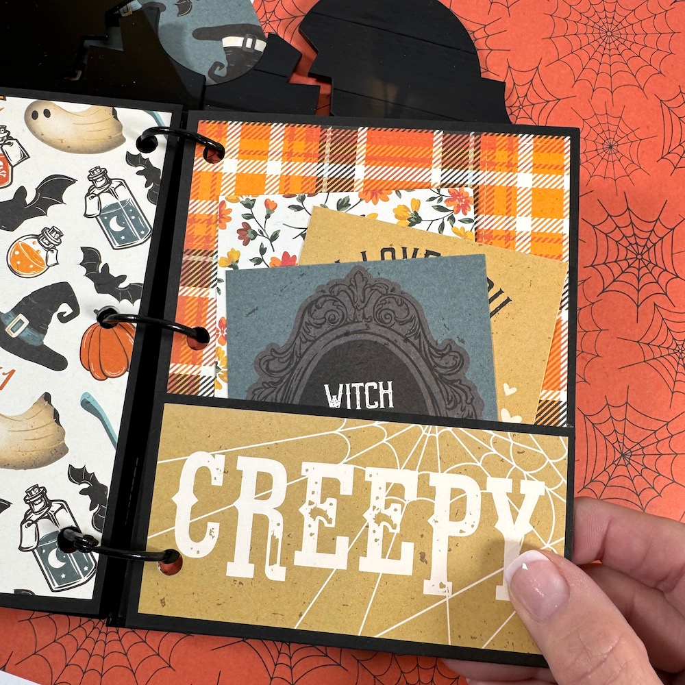 Halloween Tombstone Shaped Scrapbook Album Page with a pocket and journaling cards