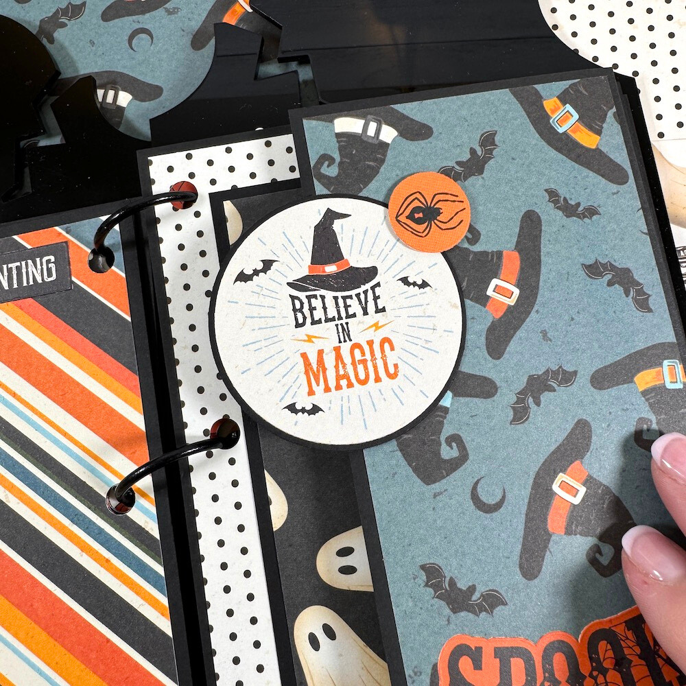 Halloween Tombstone Shaped Scrapbook Album Page with a bats, witches hats, and colorful stripes