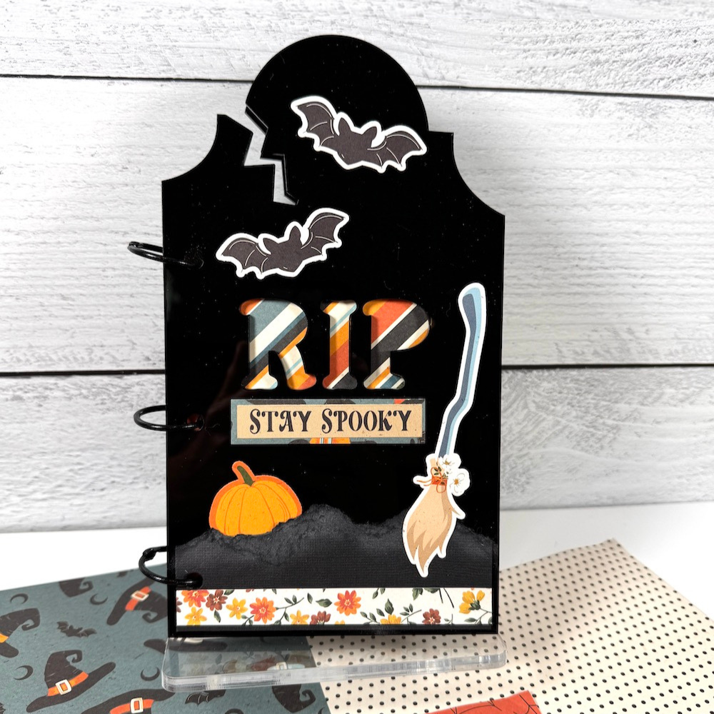 Halloween Tombstone Shaped Scrapbook Album with a crack and an RIP