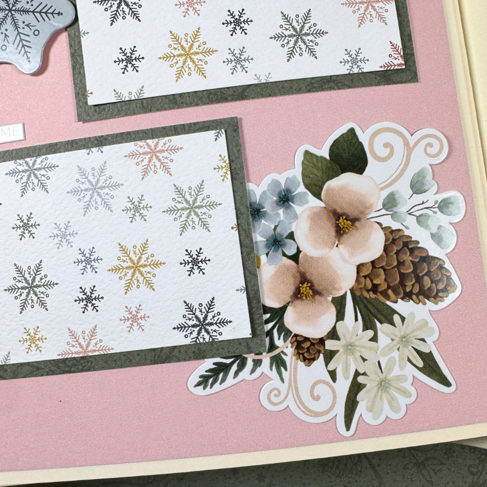 Let It Snow Winter Scrapbook Album page with flowers, snowflakes, and pine cones