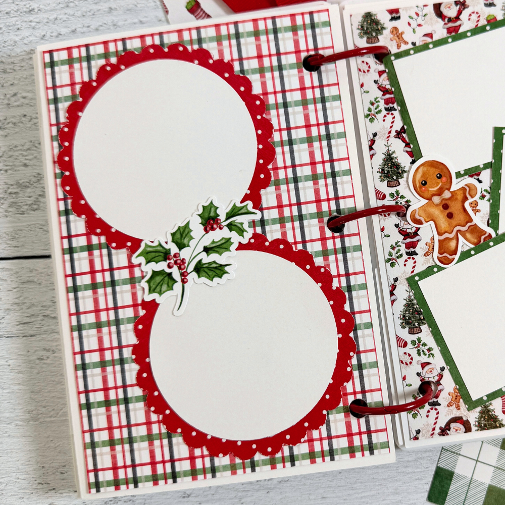 Christmas Joy Scrapbook Album Page with scallop circle photo mats, holly, and a pretty plaid paper