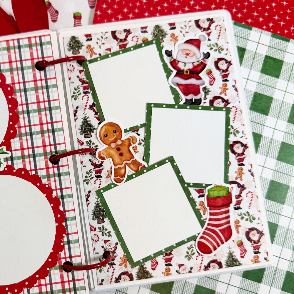 Christmas Joy Scrapbook Album Page with Santa, a gingerbread cookie, a stocking, and 3 square photo mats