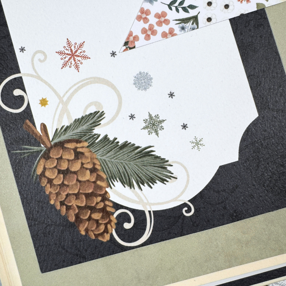 Let It Snow Winter Scrapbook Album page with a pine cone, snowflakes, and flowers