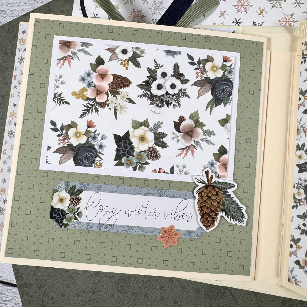 Let It Snow Scrapbook Album page with pretty flowers and pine cones