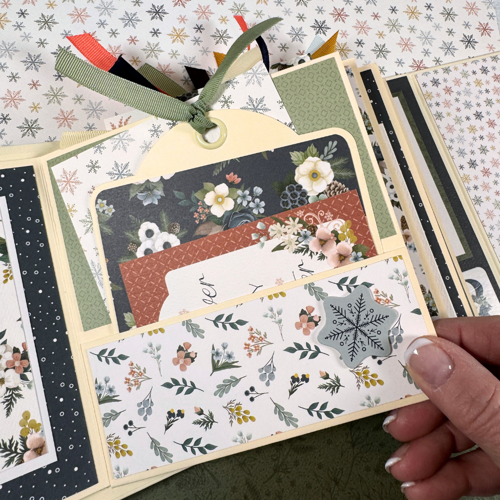 Let It Snow Scrapbook Album page with a pocket, journaling cards, a tag, and ribbon