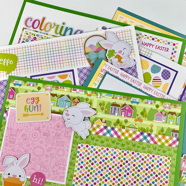 12x12 Easter Scrapbook Page Layouts with bunny rabbits, eggs, and polka dots