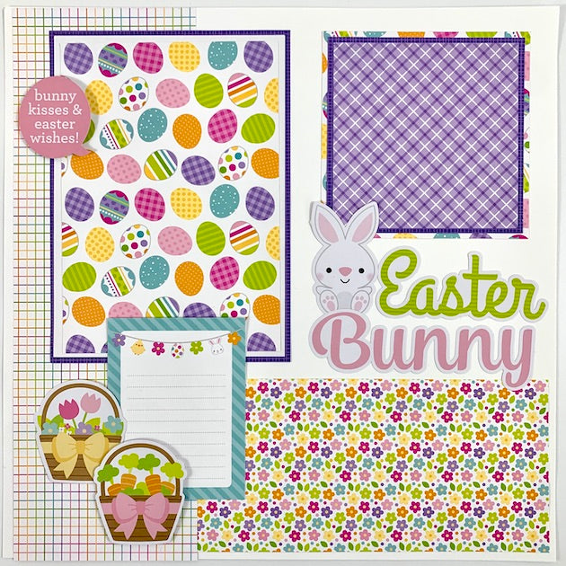 12x12 Easter Scrapbook Page Layout with bunny rabbit, easter eggs, flowers, and Easter baskets