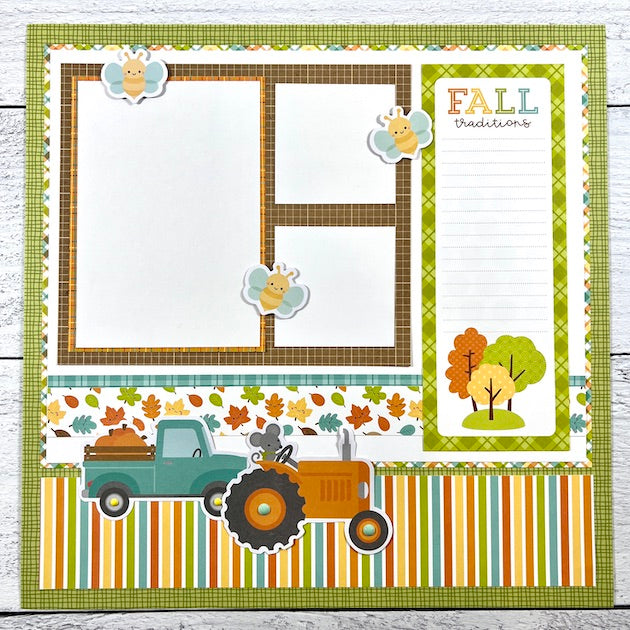 12x12 Fall Pumpkin Spice Scrapbook Page Layout with truck, tractor, and autumn trees