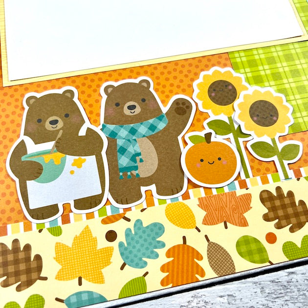 Fall 12x12 Scrapbook Page with bears, pumpkin, and sunflowers