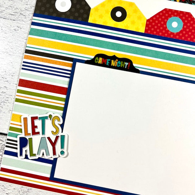 12x12 Family Fun Game Night Scrapbook Layout withe tags and stripes