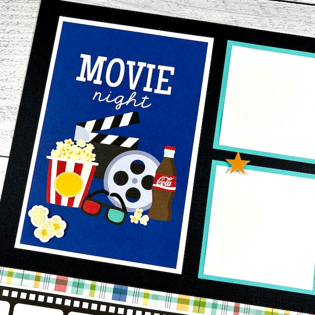 12x12 Family Fun Movie Night Scrapbook Page with 3D glasses, popcorn, film reel, and soda