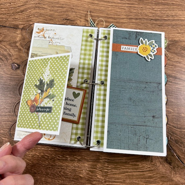 Fall Happy Together Family Scrapbook Album page with leaves, flowers, a butterfly, and a folding card