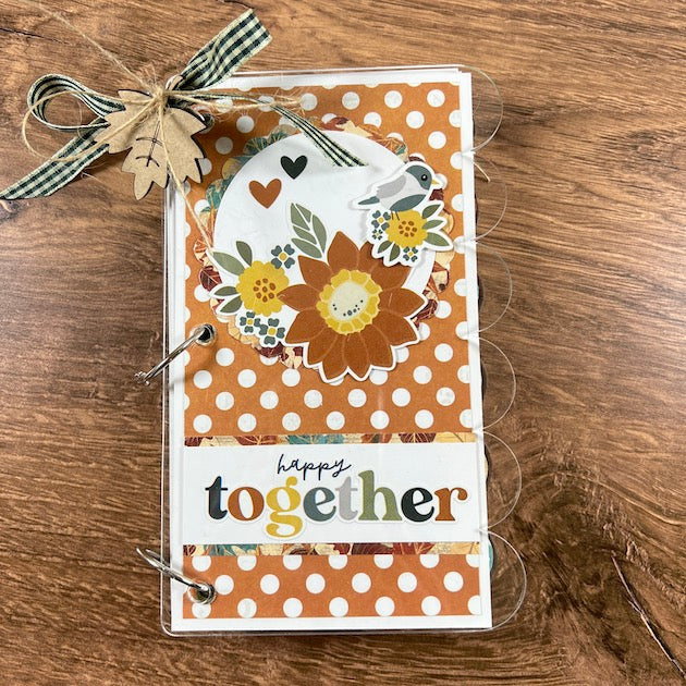 Happy Together Fall Scrapbook Album with flowers, leaves, polka dots, and a scalloped edge 