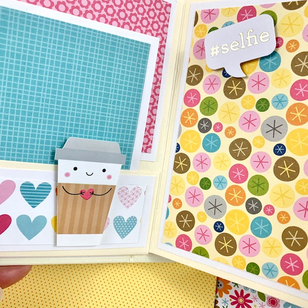 Hello Friend Scrapbook Mini Album page with a cup of coffee and colorful hearts