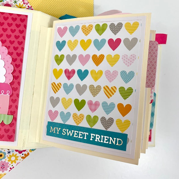 Hello Friend Scrapbook Mini Album page with lots of colorful hearts