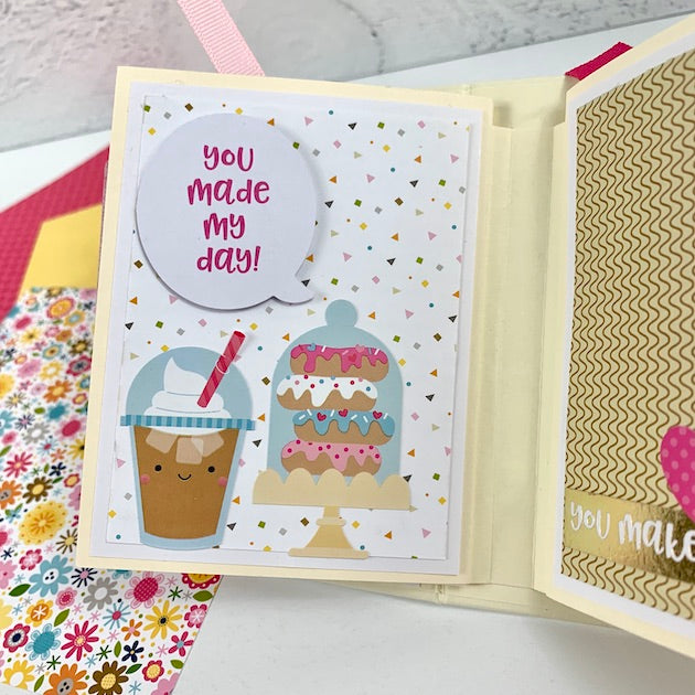 Hello Friend Scrapbook Mini Album page with coffee, sprinkless, and donuts