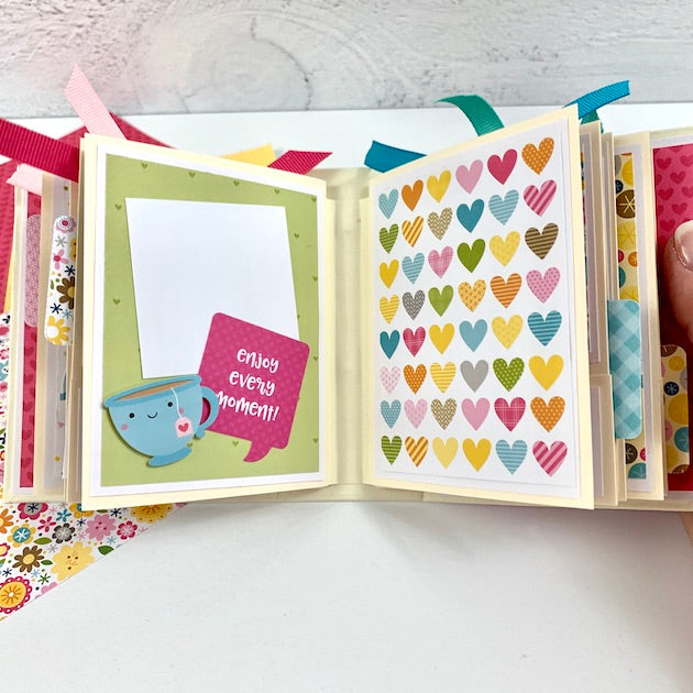 Hello Friend Scrapbook Mini Album page with a cup of tea and hearts