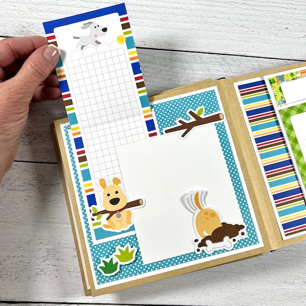 Dog Scrapbook Album page with journaling spot, stripes, and puppy stickers
