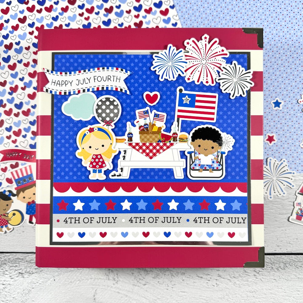 Happy July 4th Scrapbook Album with lots of cute fireworks, flags, stars, and hearts