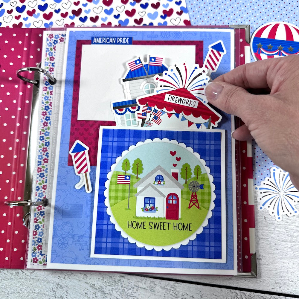 Happy July 4th Scrapbook Album page with a cute pocket, fireworks, and journaling cards