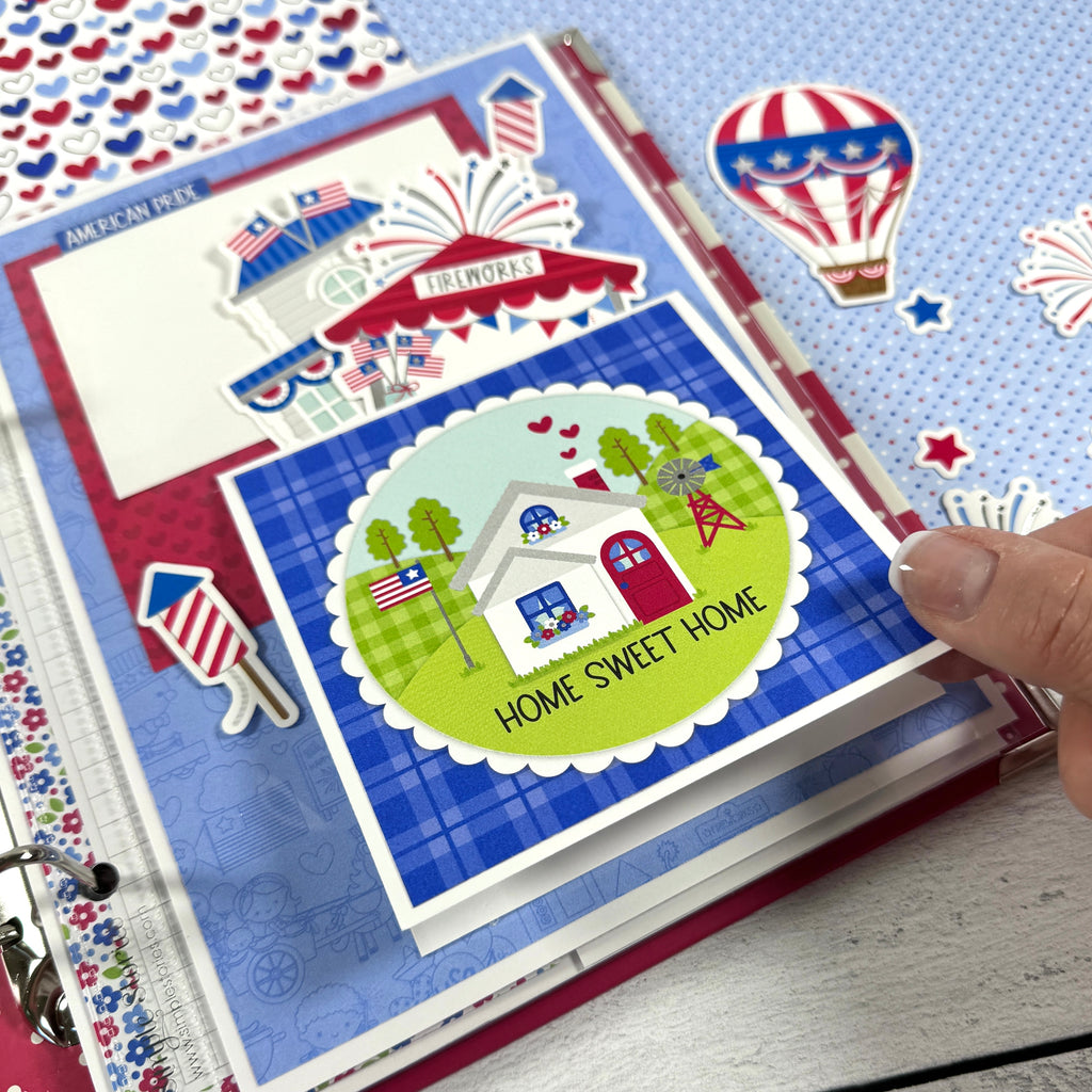 Happy July 4th Scrapbook Album page with fireworks, flags, and a folding card