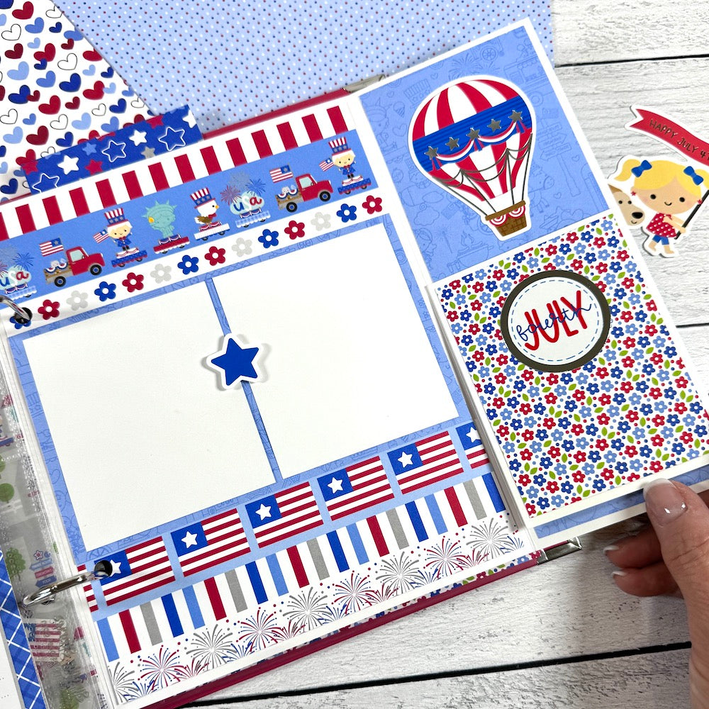 Happy July 4th Scrapbook Album page with a hot air balloon, eagles, statue of liberty, and flags