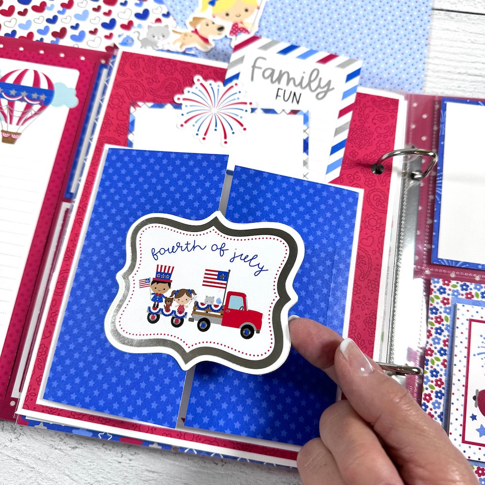 Happy July 4th Scrapbook Album page with a gatefold element, pocket, and journaling cards