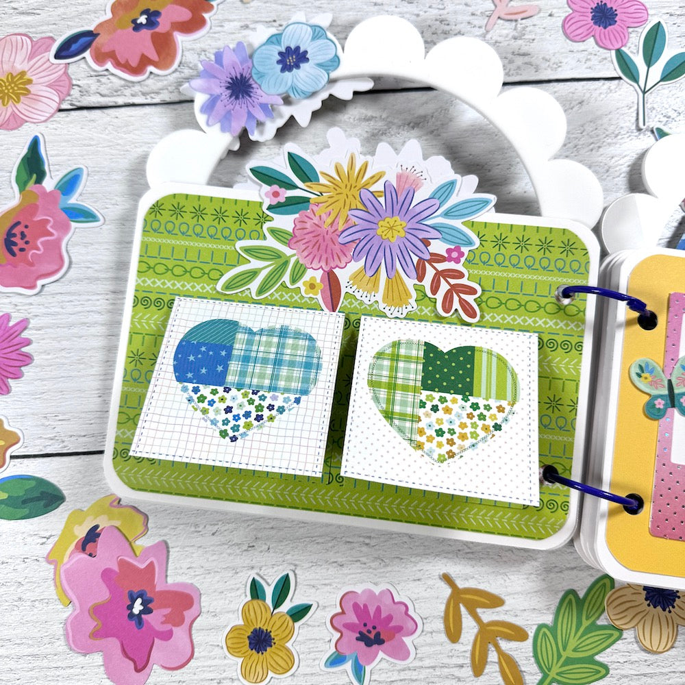 Purse Shaped Scrapbook Mini Album page with flowers and 2 folding cards with hearts
