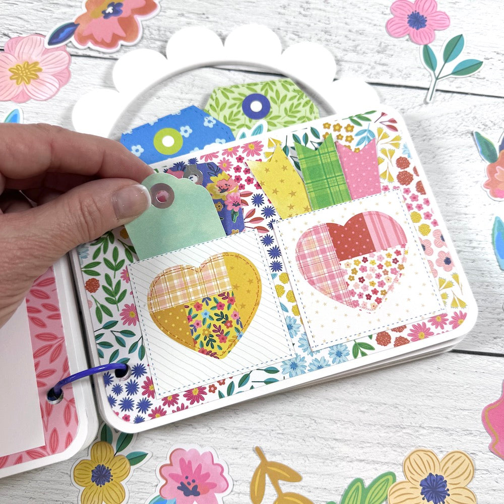 Purse Shaped Scrapbook Mini Album page with two cute little pockets, hearts, and tags