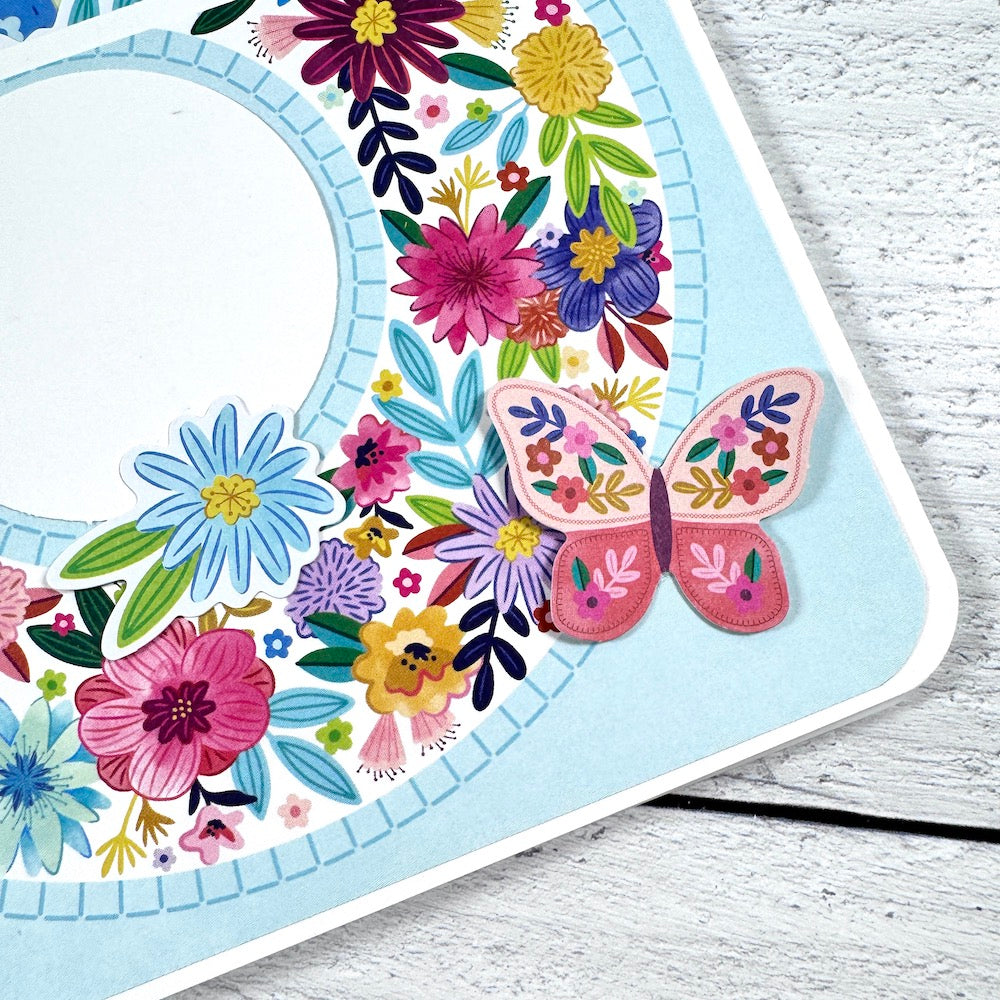 Purse Shaped Scrapbook Mini Album page with flowers, a butterfly, and gorgeous colors