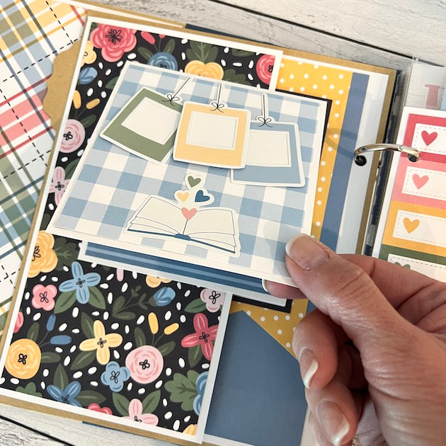 Family Scrapbook Album page with flowers, a folding card, gingham, and polka dots