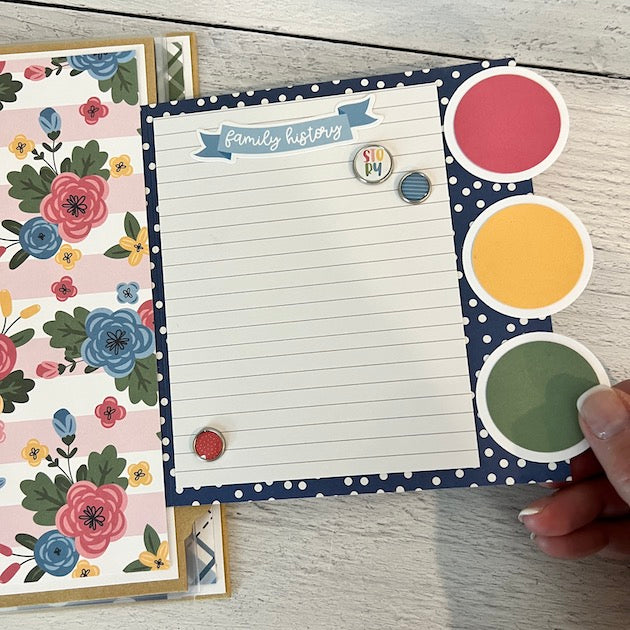 Family Scrapbook Album with lined journaling card, flowers, and enamel brads