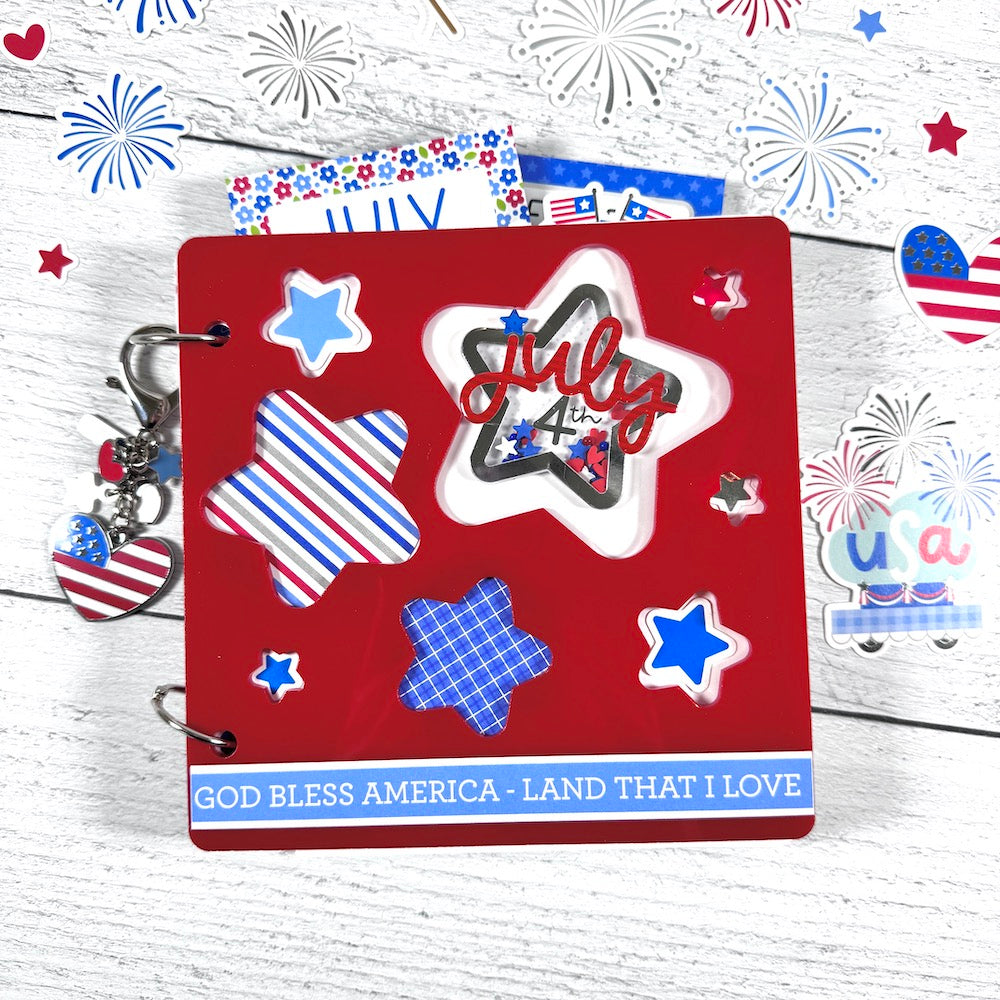 July 4th Acrylic Scrapbook Mini Album with cute star cut-outs, fireworks, and patriotic colors