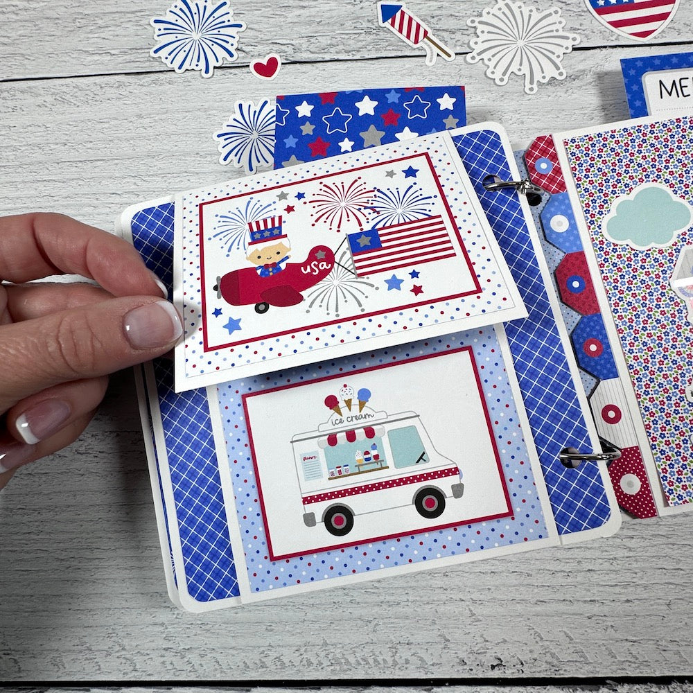 4th of July Acrylic Scrapbook Album page with a red airplane, an ice cream truck, and polka dots