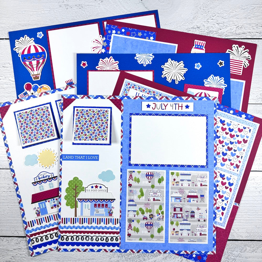 July 4th 12x12 Scrapbook Page Layouts with stars, fireworks, balloons, cute storefronts, and flowers