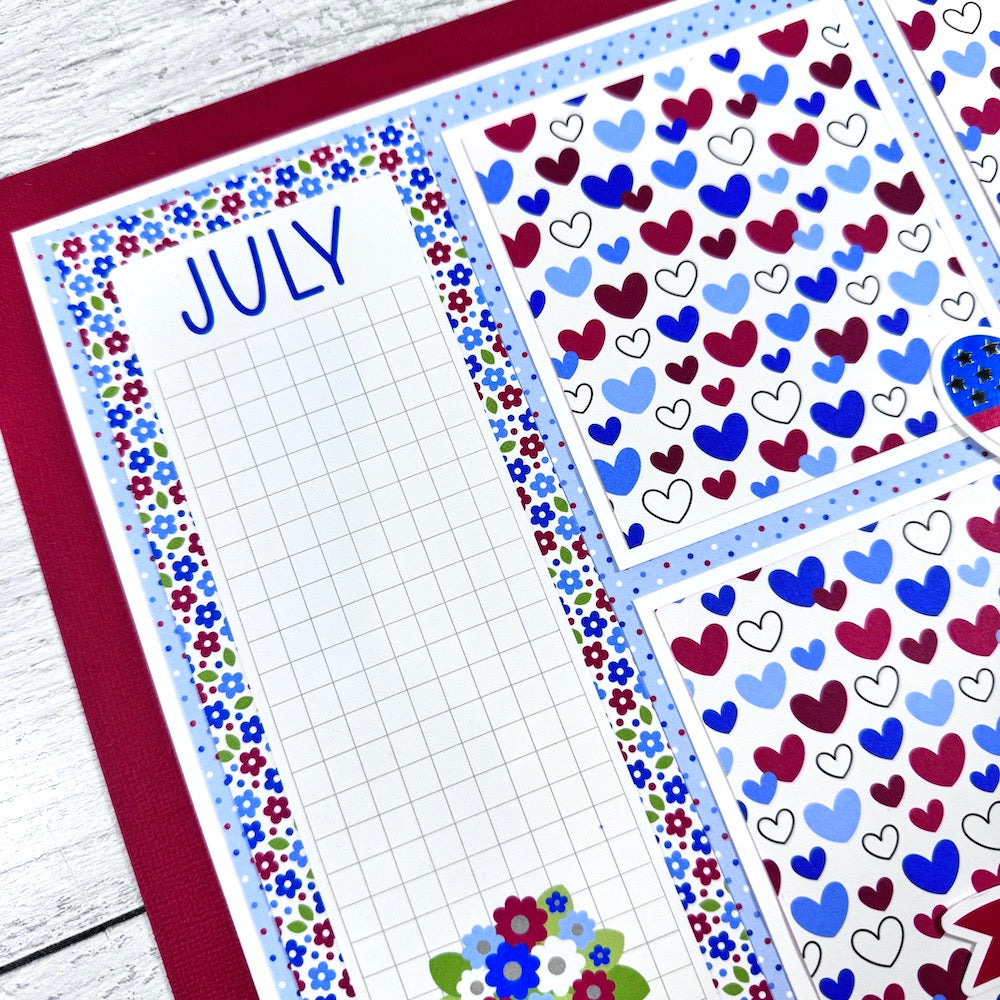 July 4th 12x12 Scrapbook Page Layout with hearts, flowers, and polka dots