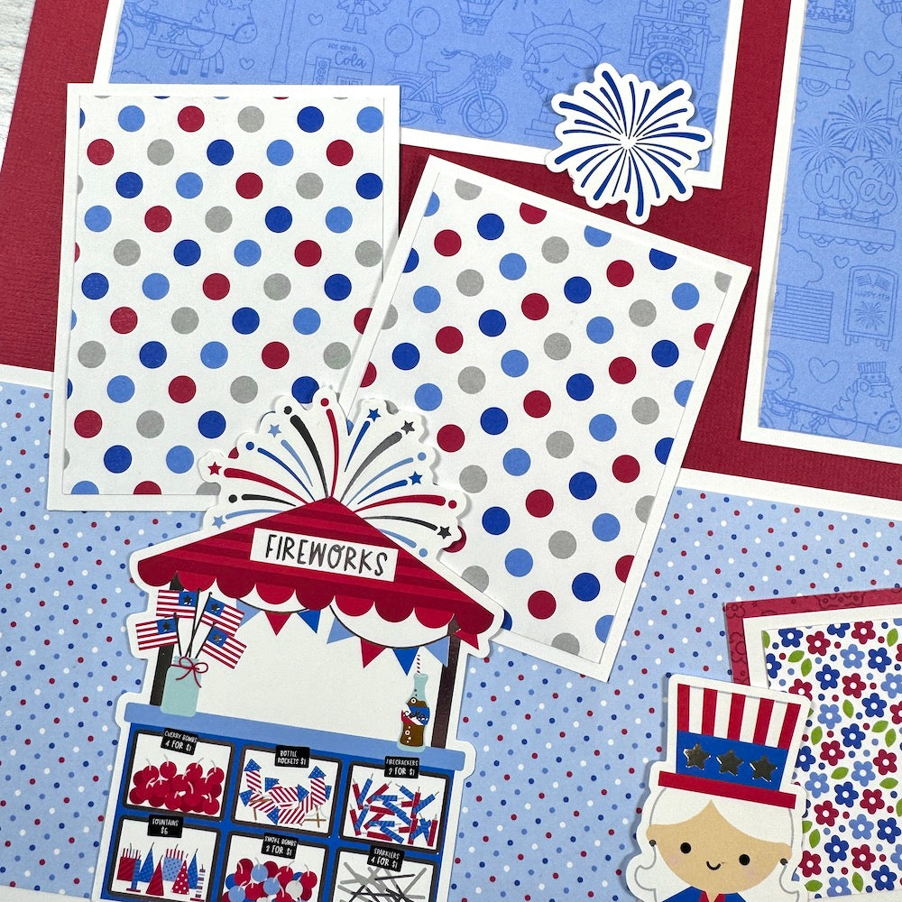 July 4th 12x12 Scrapbook Page Layout with a fireworks stand, polka dots, and flowers