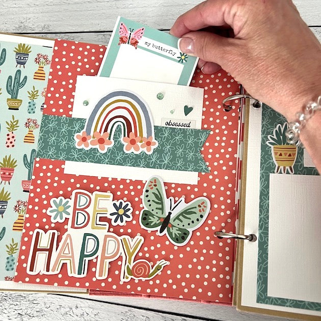 Be Happy Scrapbook Album Page with rainbow, flowers, polka dots, and cactus