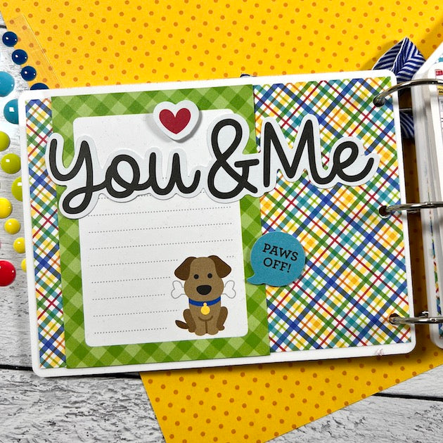 Puppy Dog Acrylic Scrapbook Album Page with a journaling card and colorful plaid paper