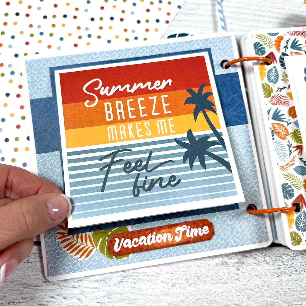Chasing the Sun Summer Scrapbook Album Page with palm trees, waves, and a folding element for more photos