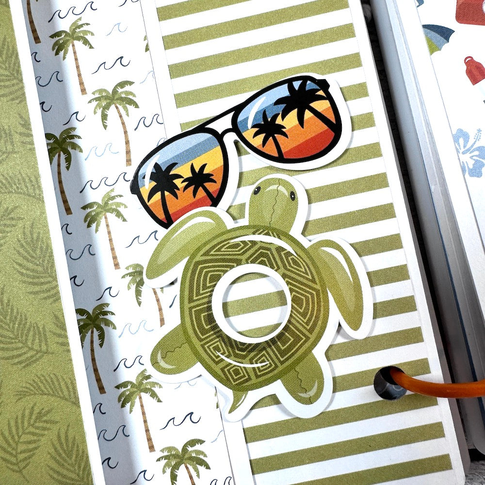 Chasing the Sun Summer Scrapbook Album Page with a turtle, sunglasses, palm trees, and waves