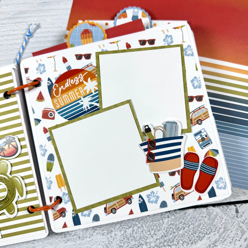 Chasing the Sun Summer Scrapbook Album Page with flip flops, surfboards, and a beach bag