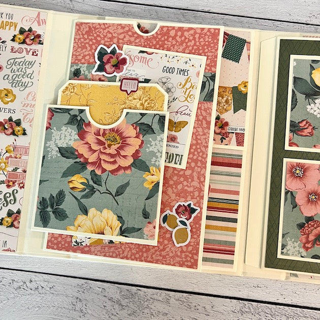 Handmade Scrapbook Folio Album with flowers, butterflies, photo mats, pockets, and waterfall feature