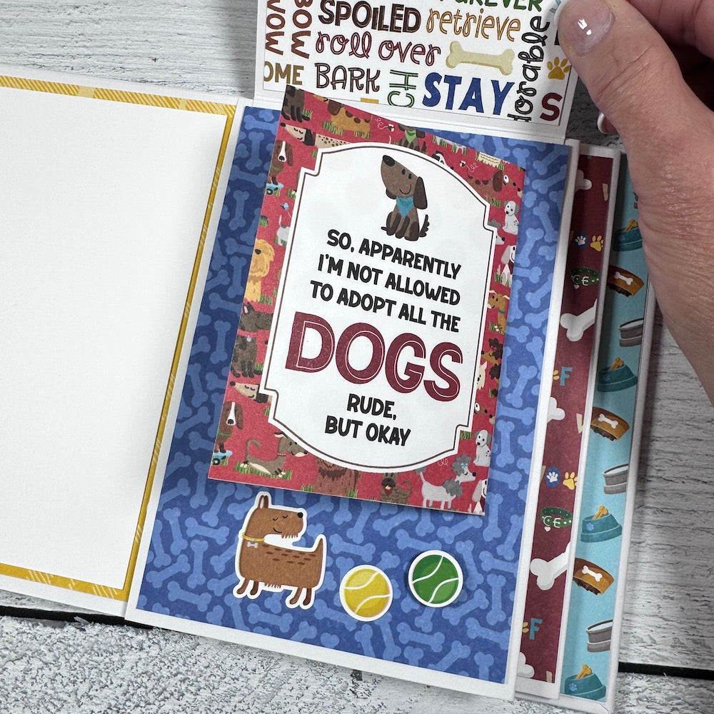 Hot Diggity Dog Scrapbook Album Page with bones, tennis balls, and folding cards