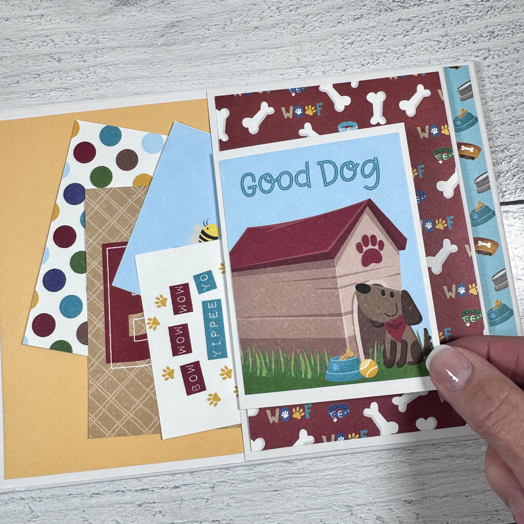 Hot Diggity Dog Scrapbook Album Page with a doghouse, bones, a pocket, and journaling cards