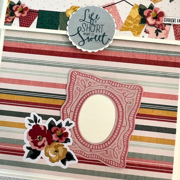 Enjoy the Little Things Scrapbook Album page with flowers, a frame, a flag banner, and stripes