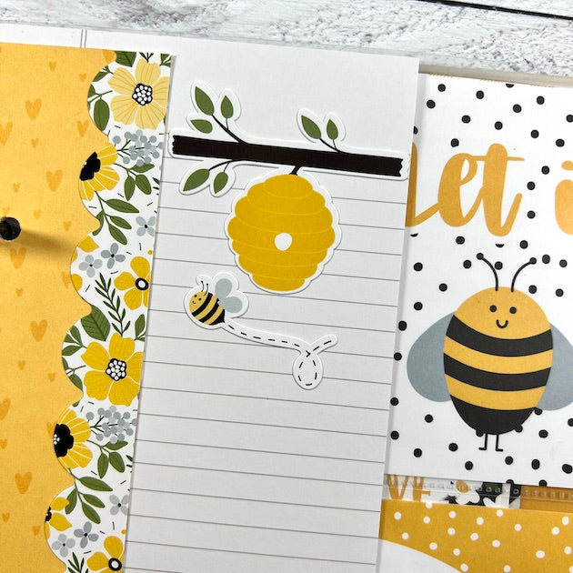 Friend Scrapbook Album Page with flowers, bees, beehive, and journaling card