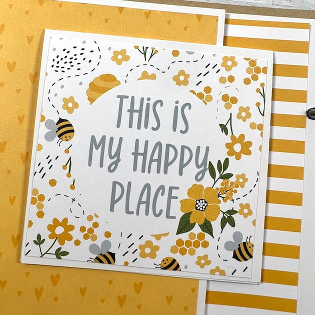 Believe in Yourself Scrapbook Album Page with flowers, bees, hearts, and stripes