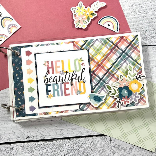 Hello Beautiful Friend Acrylic Scrapbook Mini Album with flowers and a pretty plaid