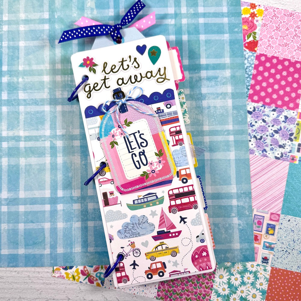 Let's Get Away Travel Scrapbook Mini Album with cute travel icons, tags, ribbons, and pretty colors